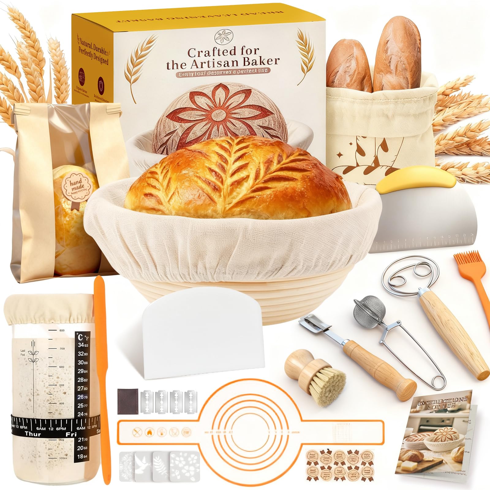 Photo 1 of RYMTOX Complete Sourdough Starter Kit | Easy to Clean & Use for Beginners & Bakers | Natural Rattan Proofing Basket with Full Accessories | Sourdough Bread Baking Supplies for Bakers Women Wife