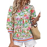 Cicy Bell Womens Floral Print Babydoll Blouse V Neck 3/4 Sleeve Peplum Tops Casual Loose Fit Boho Flowy Shirts