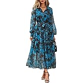 PRETTYGARDEN Womens Spring Dress 2026 Casual Long Sleeve Button Down Belted Boho Floral Flowy Maxi Wedding Guest Dresses