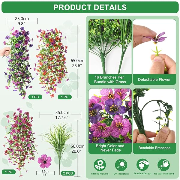 ARTIFICIAL HANGING FLOWERS WITH WHEAT GRASS FOR OUTDOORS, 5 PCS FAKE HANGING PLANTS FOR SPRING DECOR, UV RESISTANT FAUX SILK FLOWER GREENRY FOR PLANTER PORCH PATIO YARD GARDEN(MIXD PURPLE RED)