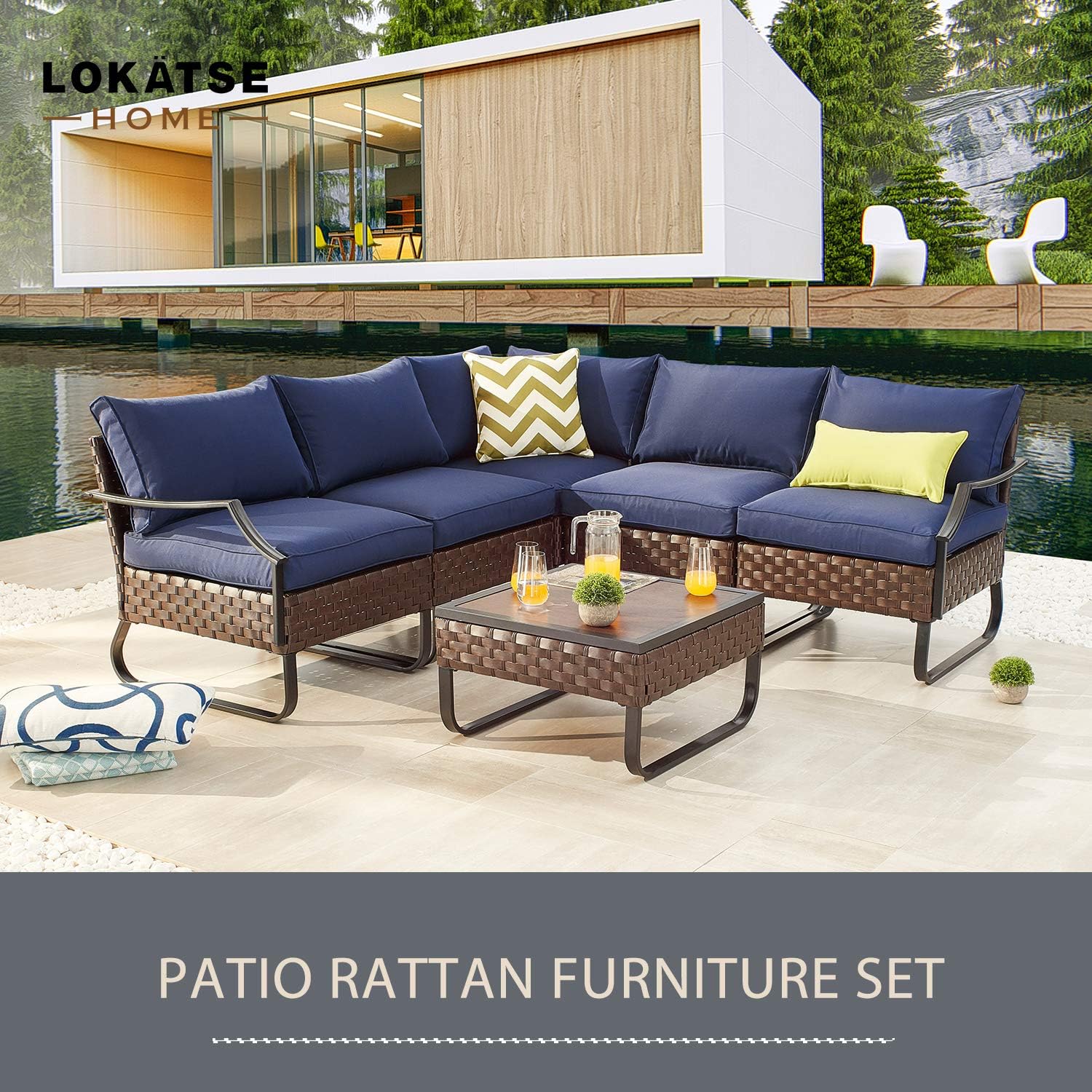 LOKATSE HOME Sectional Conversation Sofa 6 Pcs Outdoor Patio Rattan Furniture Set All-Weather Wicker Metal Frame Chairs with Cushion & Coffee Table, Blue: Garden & Outdoor