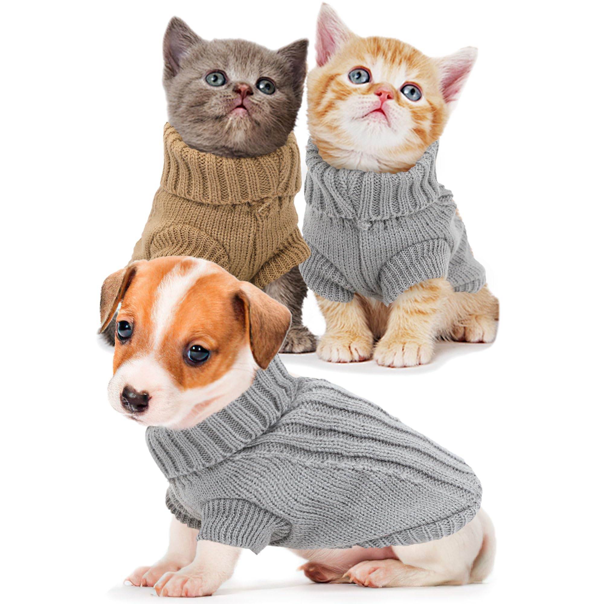 Photo 1 of 2 Pack Dog Sweaters for Small Dogs, s Winter Knitwear Warm Puppy Sweaters Teacup Chihuahua Yorkie Sweater Pet Clothes for 1.5-2lbs Dog,XXS, Brown+Grey