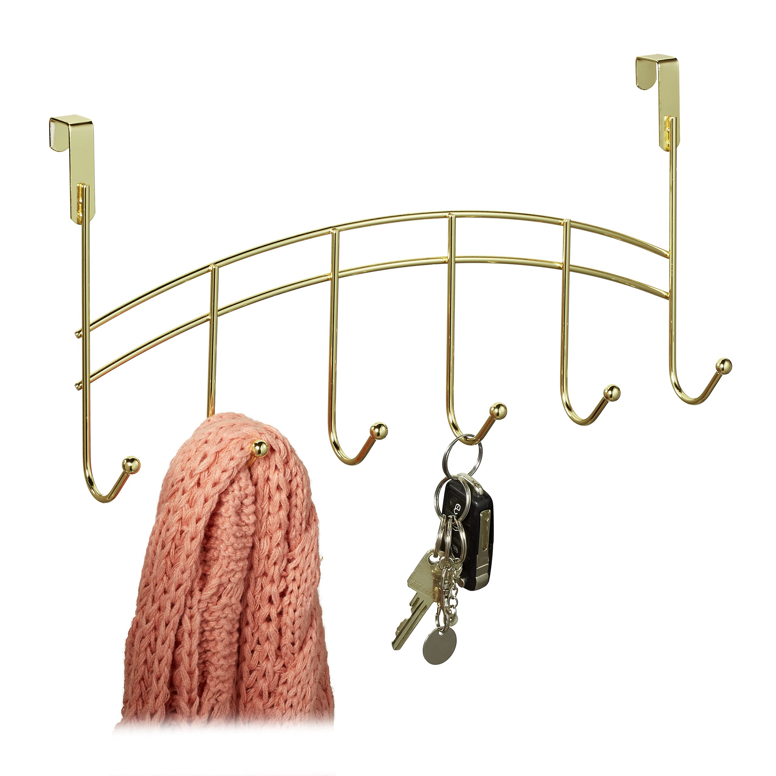 Relaxdays Hanging Coat Rack, 6 Door Hooks for Hallway, Bedroom or Bathroom, Convenient Storage, HWD: 20x40x9 cm, Gold