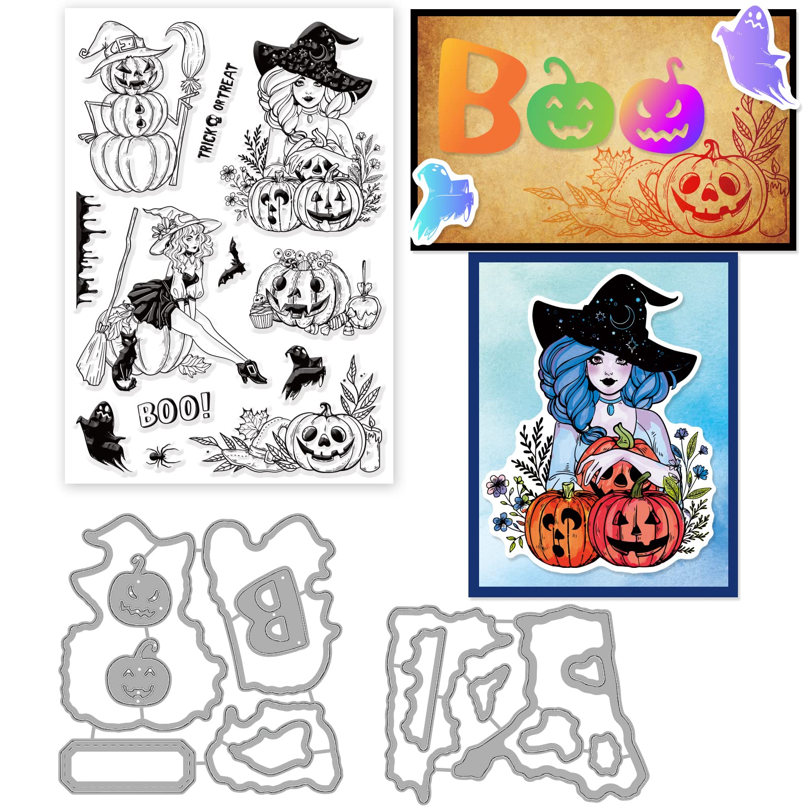 ORIGACH Halloween Witch Clear Stamps and Dies Set for Card Making Halloween Witchs Pumpkin Ghost Bat Silicone Stamps Cutting Dies for DIY Scrapbooking Craft Greeting Card Decor