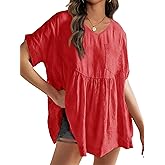 Womens V Neck Babydoll Tops Summer Short Sleeve Oversized Tshirts Casual Loose Fit Peplum Tunic Shirts