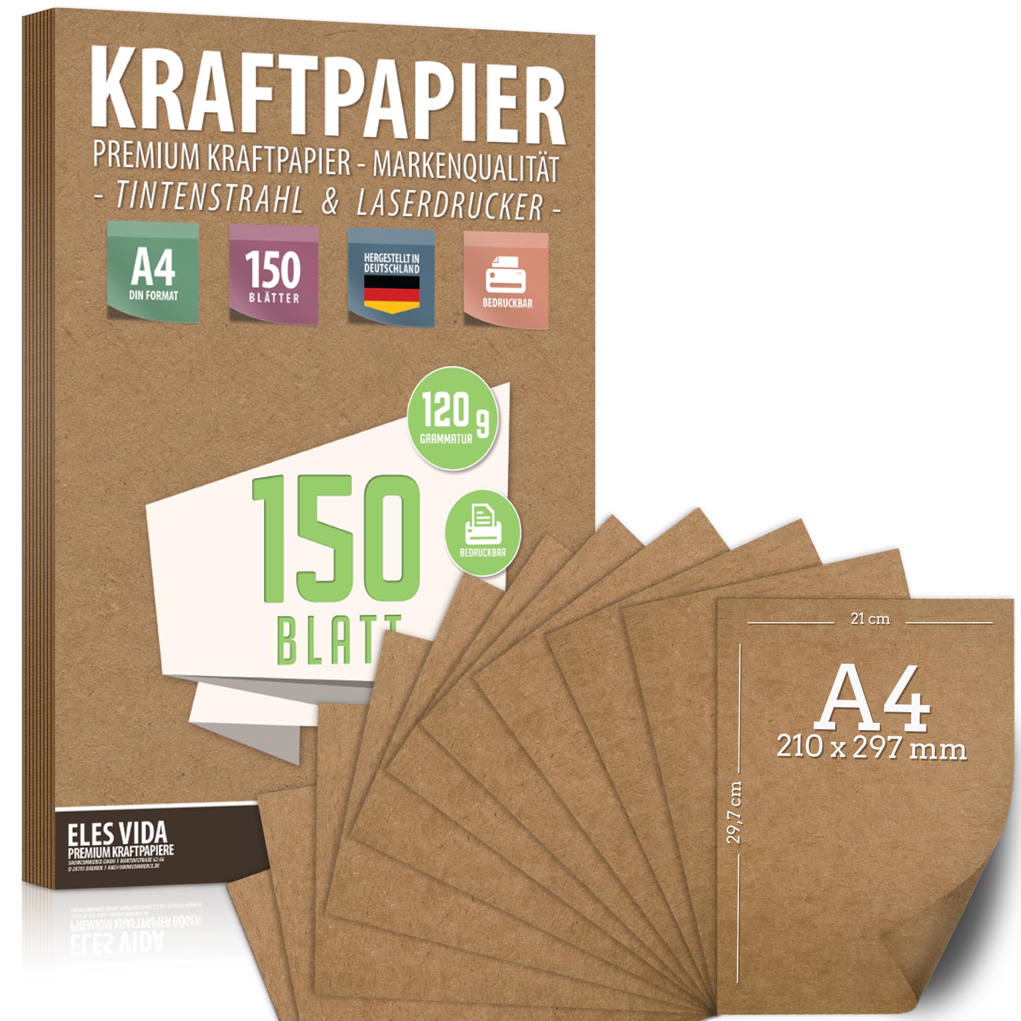 Kraft Paper Set - 120 g - 21 x 29.7 cm - A4 - DIN Format - Craft Paper & Natural Cardboard, Cardboard Kraft Paper Sheets for Printing, Cardboard Paper Crafting for Vintage Wedding Labels (150 Sheets)