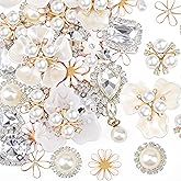 Giegxin 45 Pcs Rhinestone Embellishments Buttons for Craft Embellishments for Craft Faux Pearl Button Butterfly Flower Brooch for Wedding Decoration DIY Clothes Bag Shoe Supplies (White Petals)