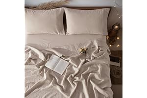 LBRO2M 100% Linen Sheet Set Queen Size, Bed Sheets 4 Piece Sets, Solid Color Natural Flax Bed Sheets Soft Breathable Bedding,16" Deep Pocket,All Season (Queen, Linen)