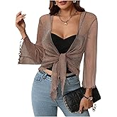 SweatyRocks Women's Shiny Sheer Bolero Shrug Tie Front Bell Sleeve Cropped Lightweight Cardigans