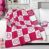 Buryeah Preppy Knit Throw Blanket, 50 x 60 Inch Smile Face Reversible Knitted Throw Blanket, Cute Pink Soft Lightweight Cozy Gift for Couch Sofa Bed