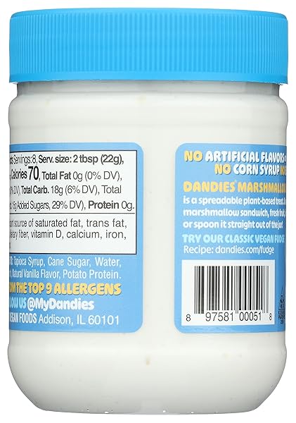 DANDIES MARSHMALLOW CREAM, VEGAN AND ALLERGEN FRIENDLY CREAM FOR BAKING, SPREADS, DESSERTS & DRINKS, 6.3 OZ