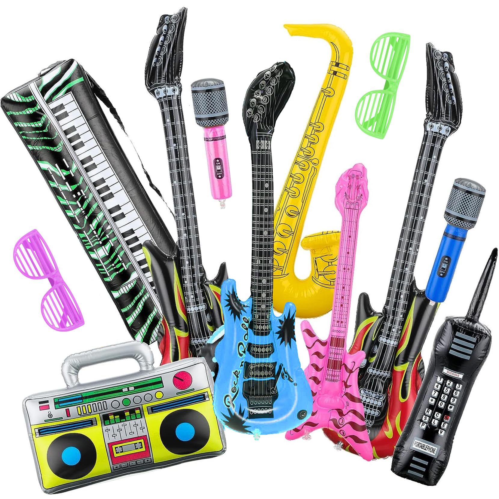 Inflatable Instruments Party Props Set, Inflatable Microphones Rock Star Guitars Balloons Kit with Saxophone Piano for 80s 90s Themed Rock and Roll Disco Party Photo Booth Decorations