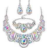BriLove Women's Teardrop Crystal Statement Necklace Cluster Hollow Dangle Earrings Chain Bracelet Bib Jewellery Set for Wedding Bride Bridesmaid