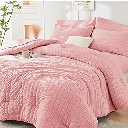 HYMOKEGE Rose Pink Queen Comforter Set Seersucker 7