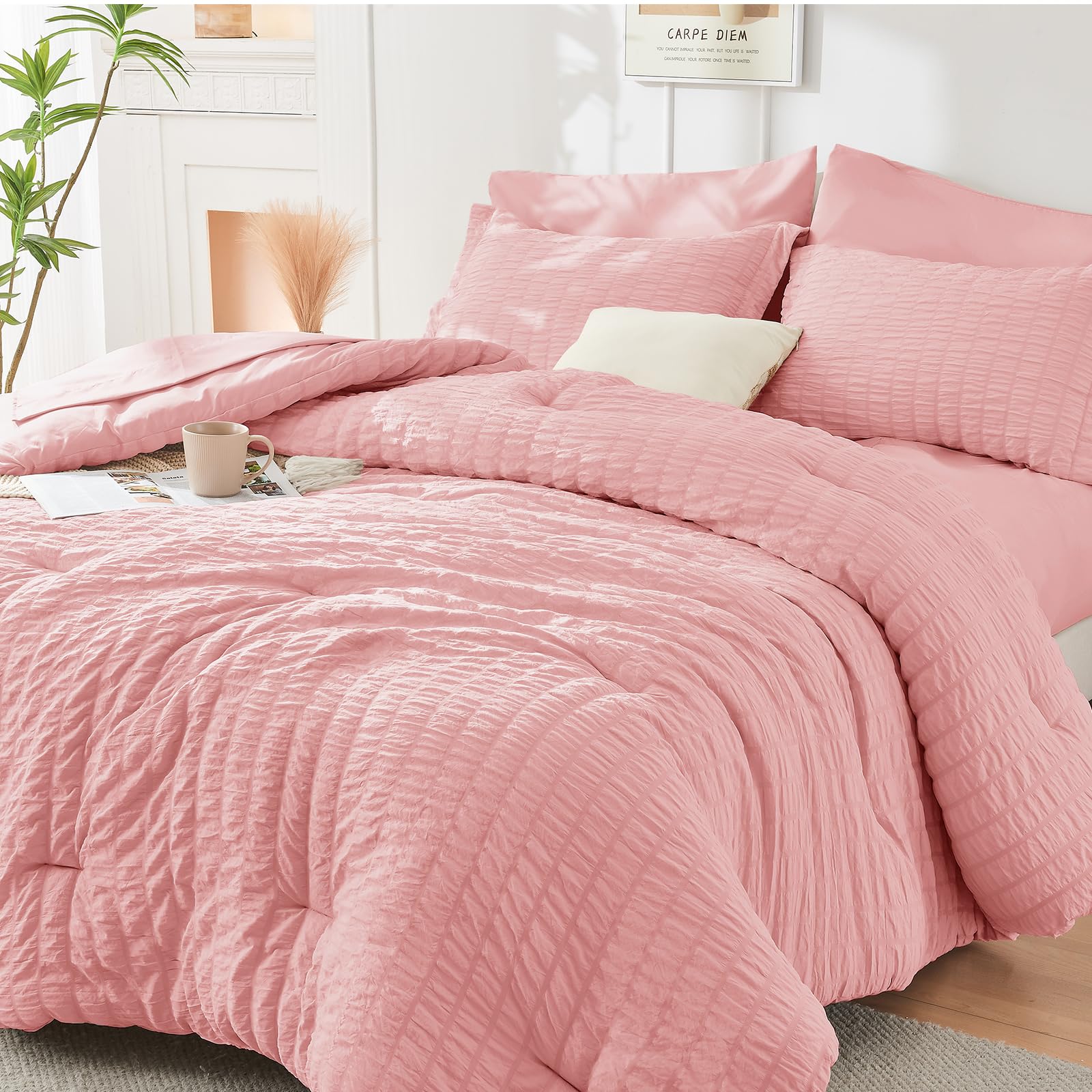HYMOKEGE Rose Pink Queen Comforter Set Seersucker 7