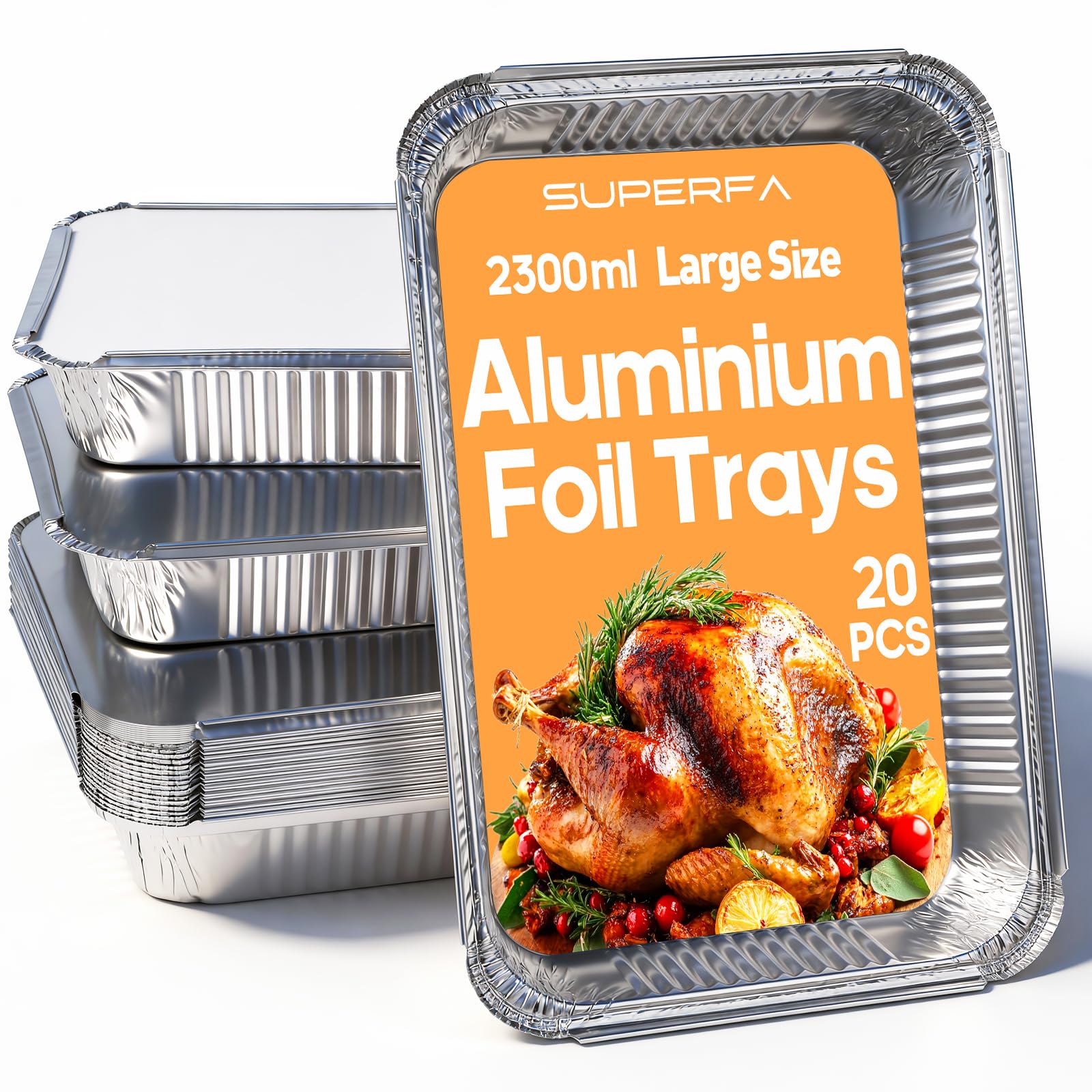 SUPERFA 20 Pack Large Aluminium Foil Trays with Lids, 2300ml Disposable Foil Trays for Oven, Baking, BBQ(32x22x5cm)