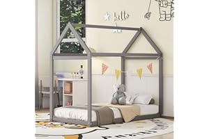 HARPER & BRIGHT DESIGNS Twin House Floor Bed for Kids, Wooden Twin Montessori Bed Frame,Kids Twin Bed Frames for Baby Girls, Boys(Twin,Grey)