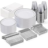 GATHER 350PCS Silver Plastic Plates - White and Silver Disposable Plates for 50 Guests Includes 100 Plate, 50 Napkins, 150 Silvery Cutlery and 50 Cups for Party & Wedding