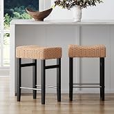 Nathan James Harvey Rattan Bar Stool, Bohemian Counter Height Stool with Woven Seagrass Seat, Solid Wood Legs, and Metal Footrest Seagrass/Brushed Black