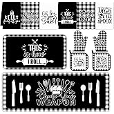 Fourluoo 12 Pcs Checkered Buffalo Kitchen Oven Mitts and Pot Holders Black and White Dish Towels Farmhouse Kitchen Decor Accessories Set for Chef Baking Cooking Grilling BBQ Women Mom Gift
