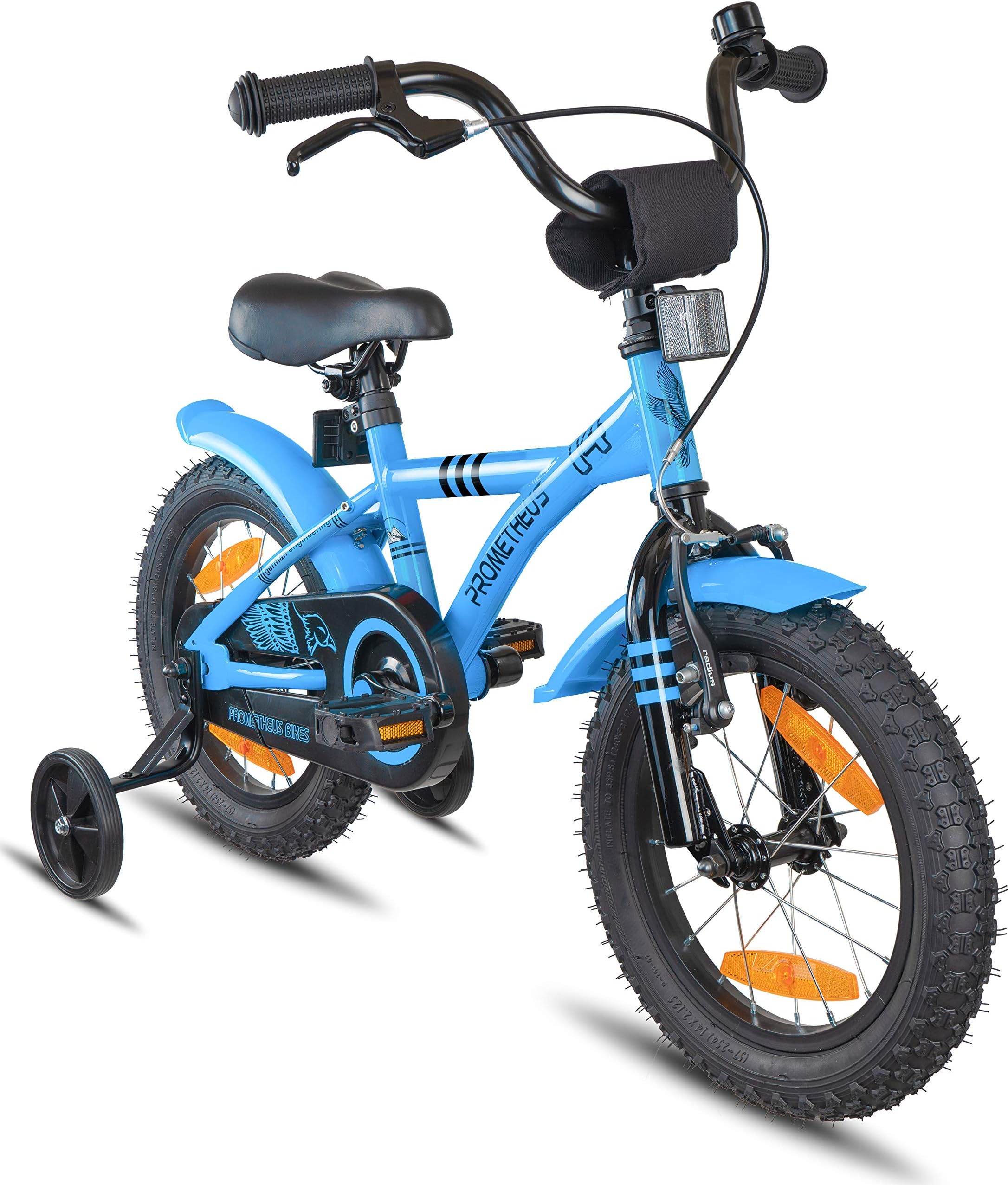 Prometheus Kids Bike 14 inch Boys and Girls in Blue & Black with stabilisers | Aluminum Calliper Brake and backpedal Brake | Including Security Package | as from 4 Years | 14“ BMX Edition 2018