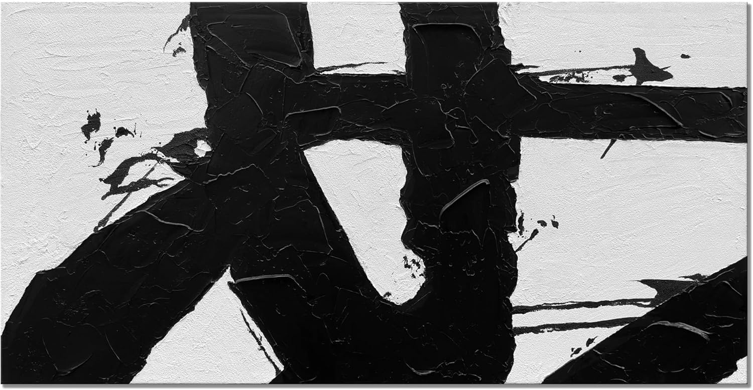 Paintings - zoinart Hand Painted Black and White Canvas Wall Art, Large Abstract Modern Oil Paintings 60x30 Inches Texture Wall Art Minimalism Framed Artwork Wall Decor