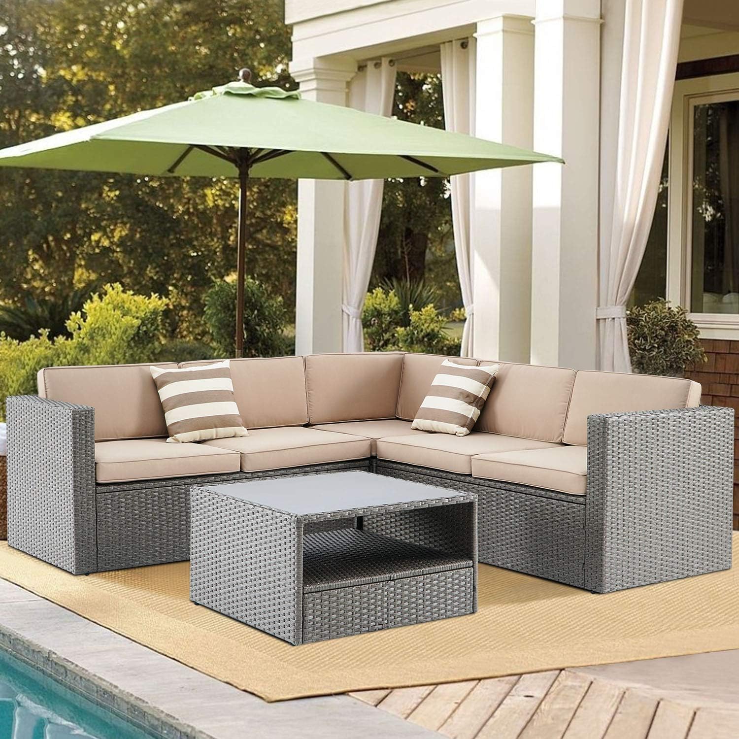 Amazon Com Suncrown Outdoor 4 Piece Furniture Set Patio Sectional Sofa All Weather Grey Wicker Conversation Set With Washable Seat Cushions And Modern Glass Coffee Table Brown Kitchen Dining