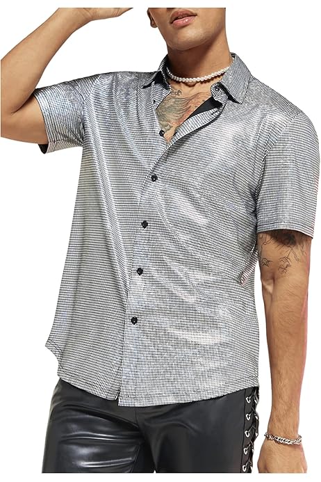 WDIRARA Men's Metallic Short Sleeve Button Down Shirt - Rave & Party Top With Collar