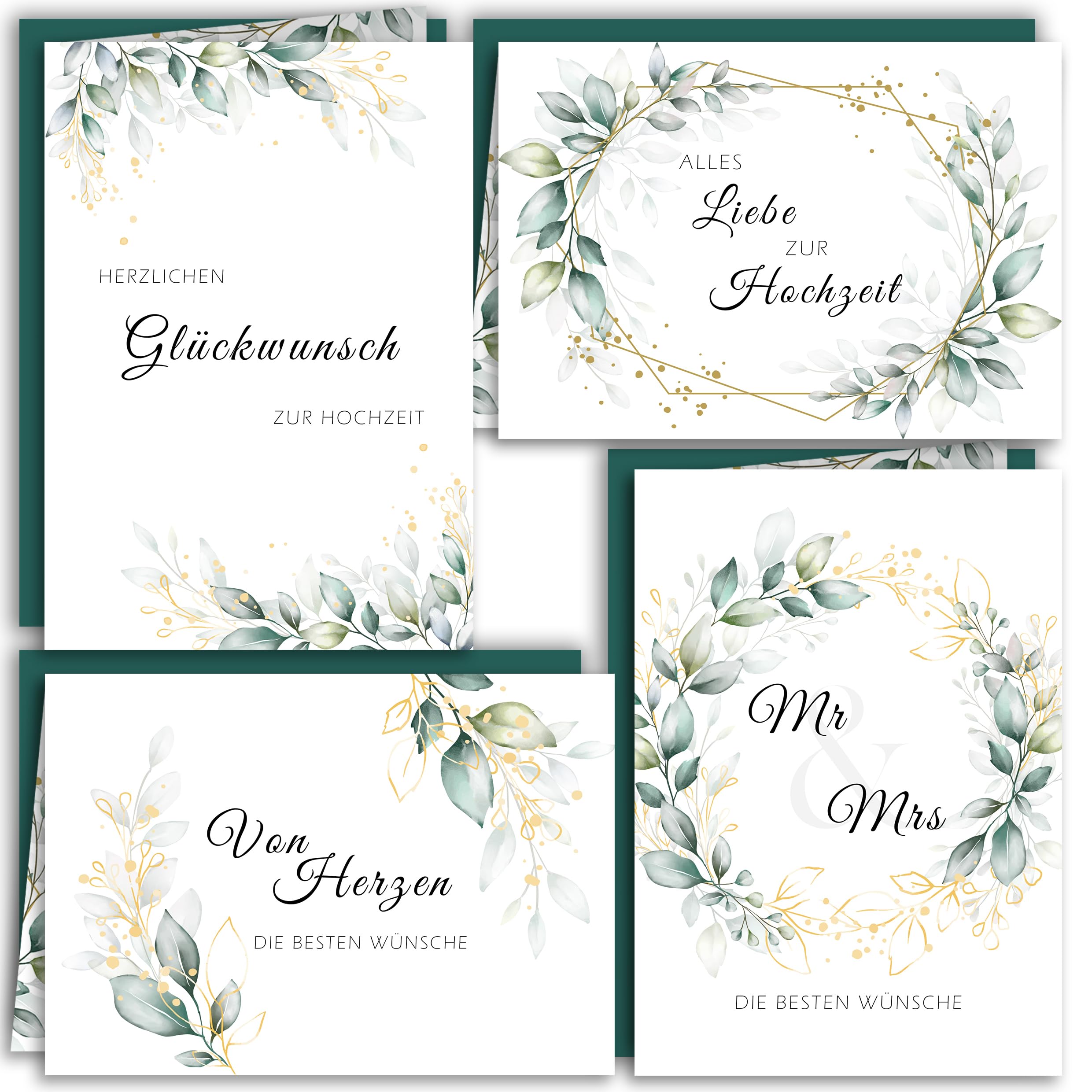 Wedding Greeting Cards Set of 4 Green Leaves Watercolour with Green Envelopes Folding Cards Elegant and Modern Wedding Cards Eucalyptus