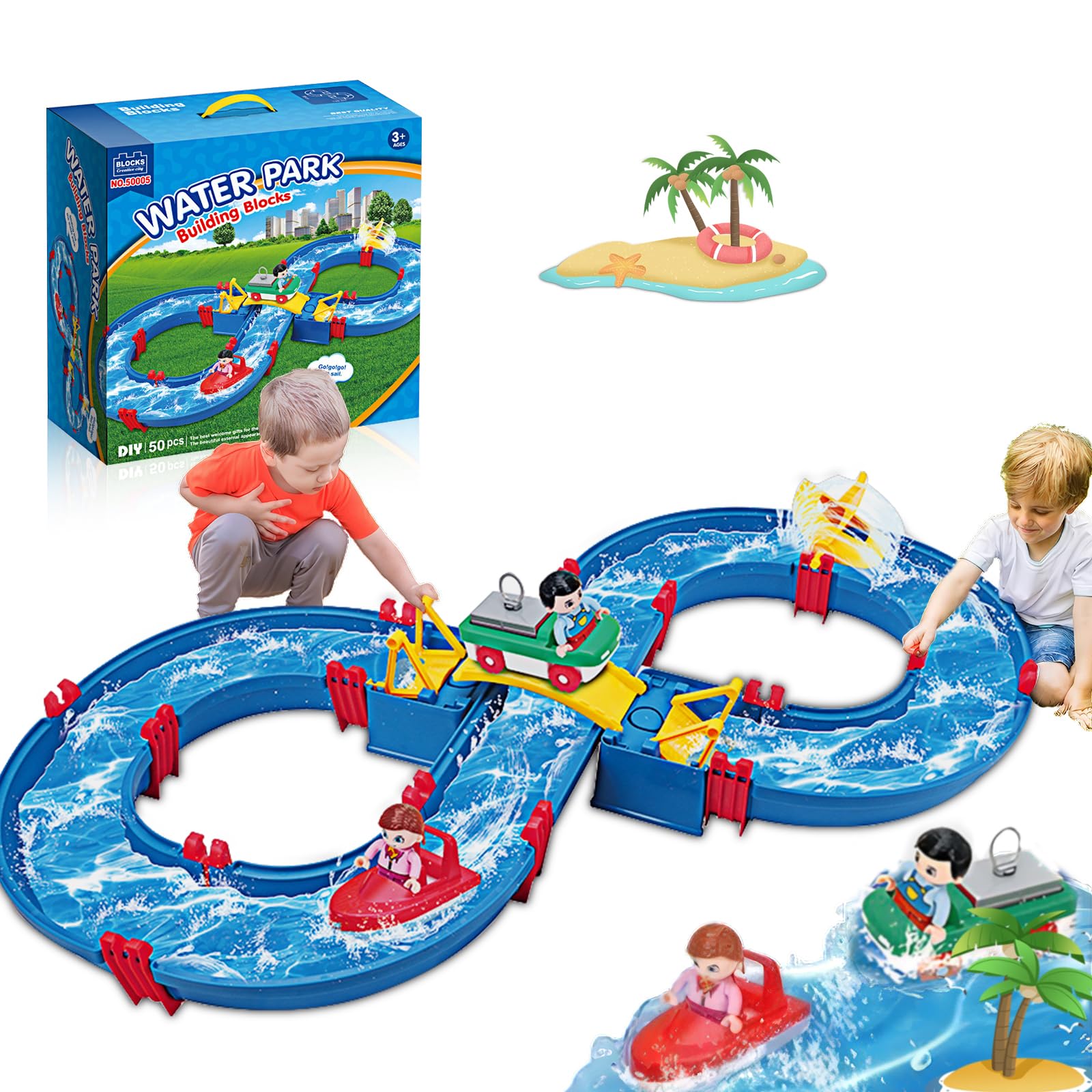 Photo 1 of EXCOUP Kids Water Table Toys, 50Pcs DIY Water Park Building Blocks Toy, Outdoor Water Table Toy with Boat, Water Toys Outside for Toddlers Boys Girls 3-5, in Summer Outdoor Backyard