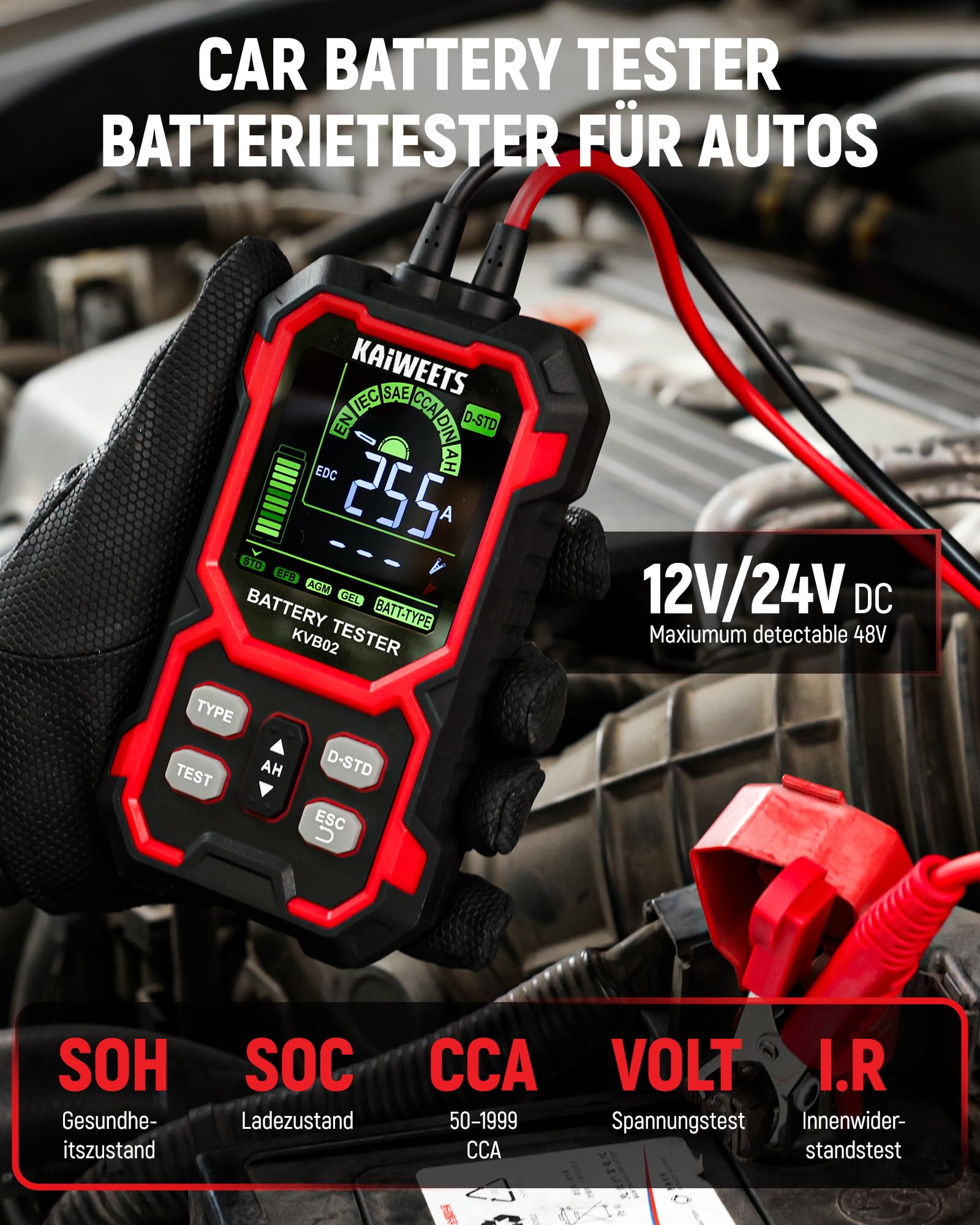 KAIWEETS Batterietester KFZ 12V/24V Digital Autobatterie Tester 50–2000 CCA mit SOH/SOC Analyse LCD Batterie Prüfgerät mit Cranking-Test für Auto SUV Motorrad 2