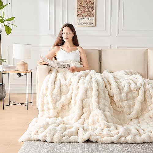 NORD ECO Fluffy Faux Fur Throw Blanket for Couch, Ultra-Soft Plush Bubble Blanket, Warm Luxury Fuzzy Decorative Blanket for Sofa Bedroom Living Room, Gifts for Women, 60x80 Inches Cream White