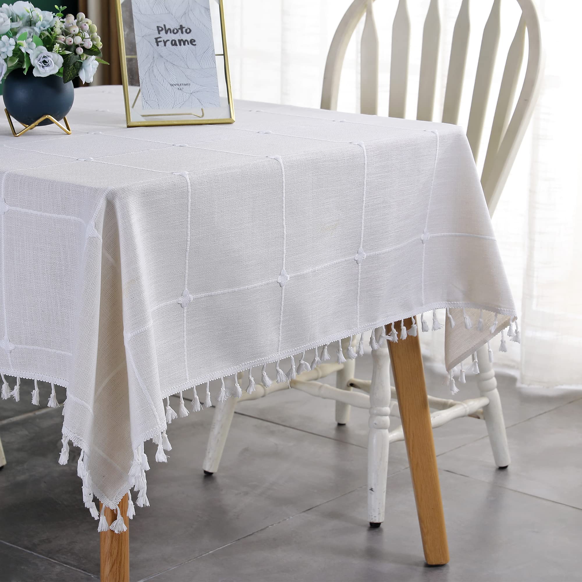 Photo 1 of Farmhouse Checkered Embroidery Lattice Square Tablecloth with Tassel Heavy Duty Rustic Fabric Table Cover Wrinkle Resistant Washable Kitchen Dining Party Wedding Decoration 60 x 60 Inch