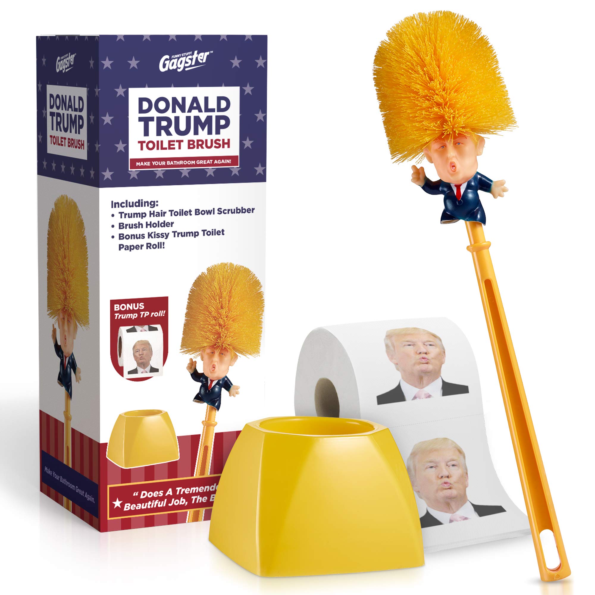 Photo 1 of Trump Toilet Bowl Cleaner & Scrubber Set by Gagster – Democrat & Republican Bathroom Essentials Bundle – Trump Look-Alike Brush & 3-Ply Tissue Paper Roll – Top Political Gag Gift for Laughter