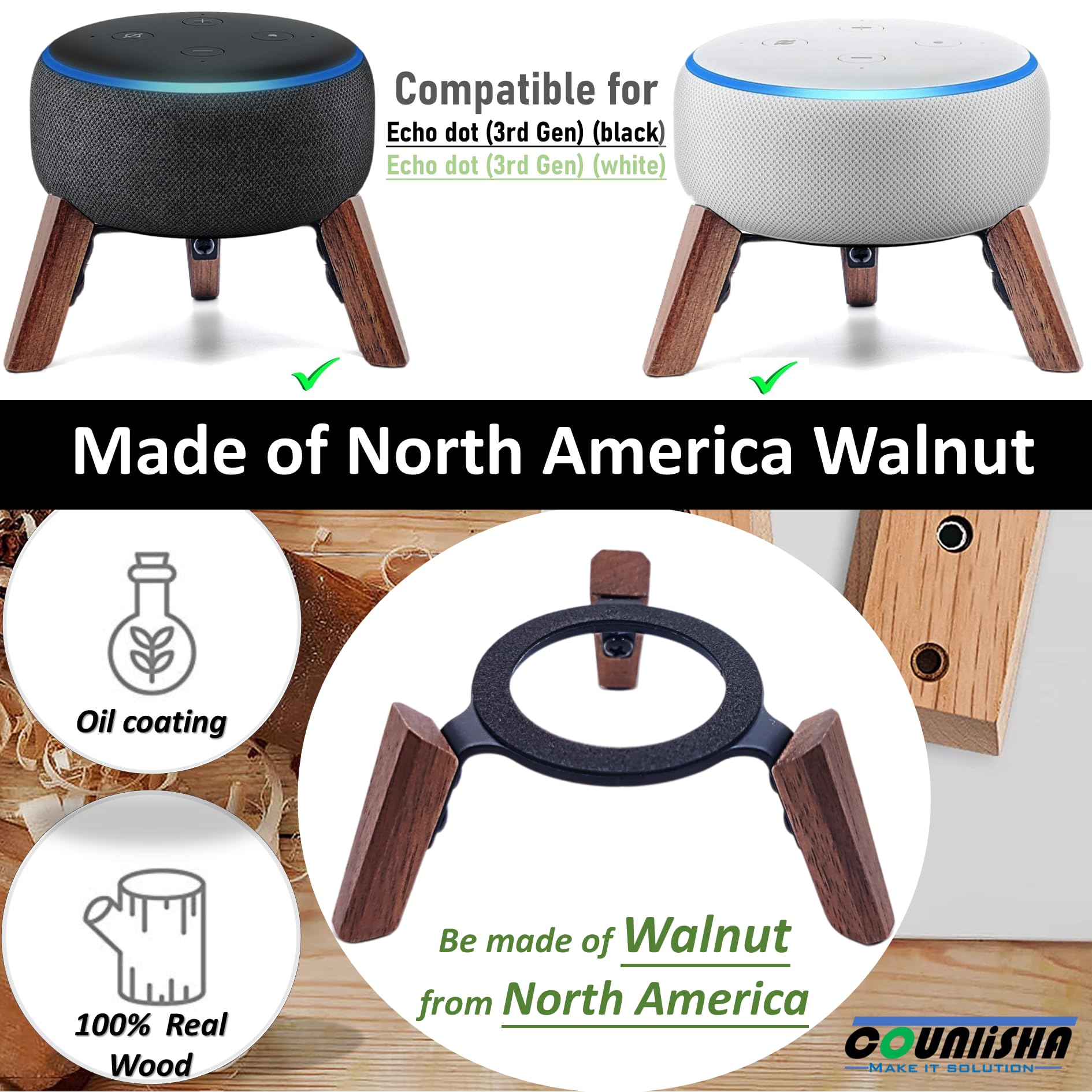 Real Wood Stand for Echo dots 3rd Gen Smart Speaker (2018),Tripod Accessories Protect Alexa Speaker for Better Sound,Secure Stable Sturdy Wooden Mount Holder for E cho dot 3rd (Walnut)