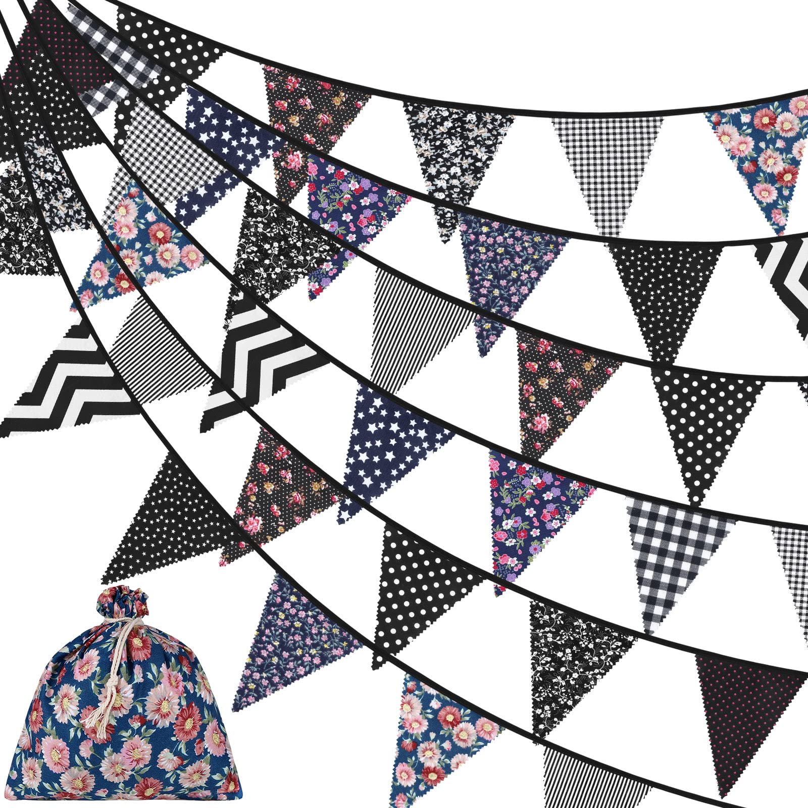 ADXCO 41 Feet Fabric Bunting Banner Vintage Bunting Flag 42 Pieces Floral Pennants Triangle Flags Cloth Garland for Birthday Wedding Party Home Garden Baby Shower Decor, Black