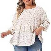 Agnes Orinda Plus Size Floral Blouses for Women Cut Out 3/4 Sleeve Babydoll Peplum Tops