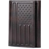 BISON DENIM Men's Trifold Leather RFID Wallet, 13 Slots, American Flag | Tri-Fold Credit Card Wallet with Hand Burnished, Real Leather Western Cowboy Wallet with Gift Box, Brown with American Flag