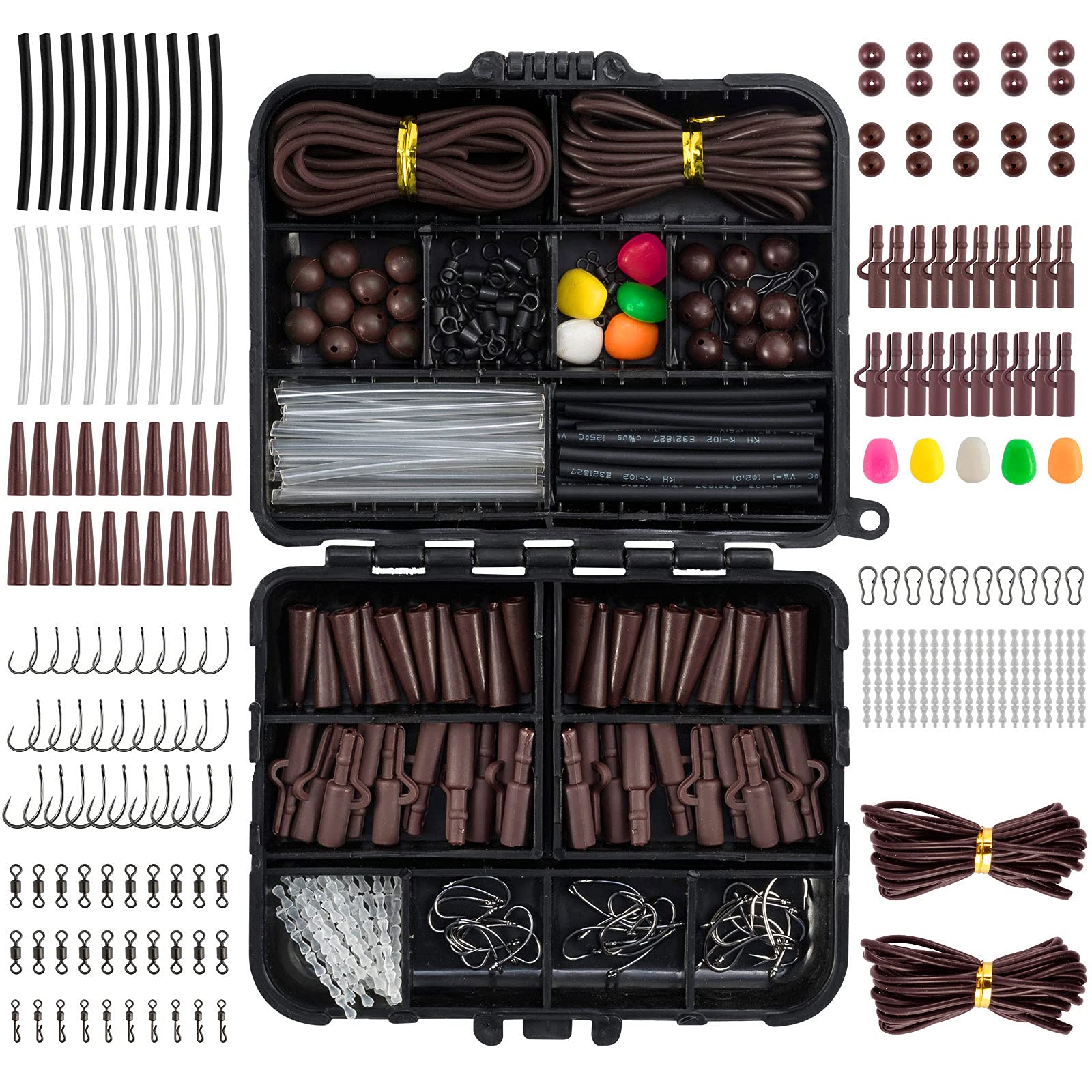 Dr.Fish 278pcs Carp Fishing Clip Rig Making Kit in Box Quick Change Swivel Links Shrink Tubes Boilie Stops Corn Terminal Tackles, Brown Brown