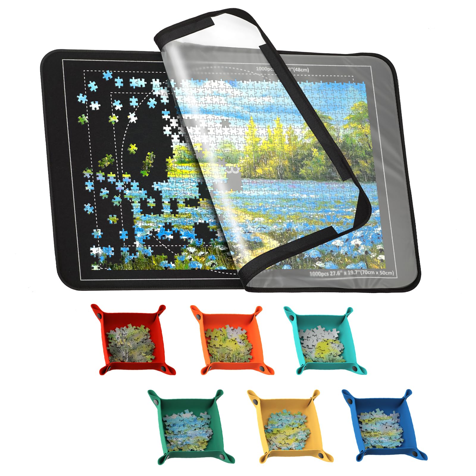 MOZOOSON Jigsaw Board 1000, 500 Pieces Puzzle Board, Jigsaw Puzzle Board 32 x 22in, Jigsaw Accessories Puzzle Storage for Easy Move and Store (1 Clear Cover, 6 Puzzle Sorting Trays)