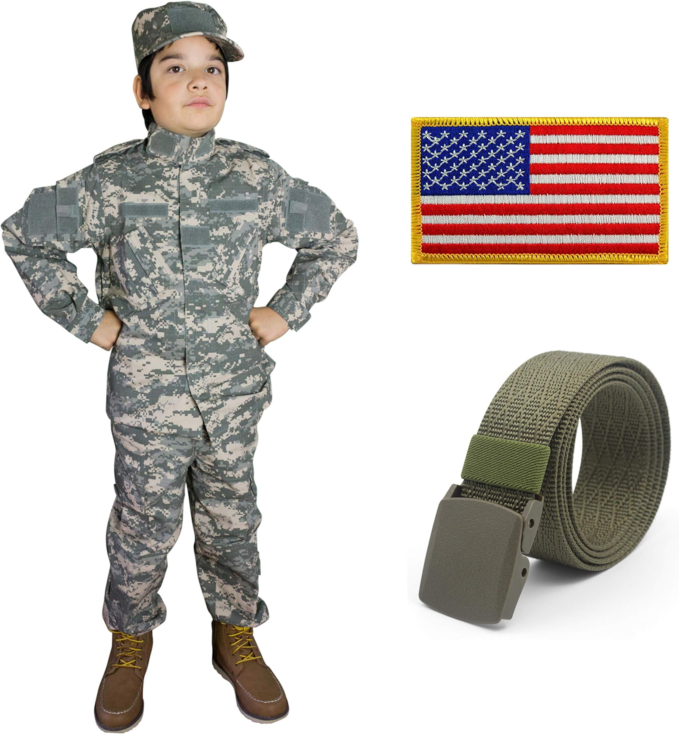 Kids Military Realistic Uniform Army Costume Camo Tactical Suit - Cap, Jacket, Pants, Belt, Patch Set - Boys (7-8, ACU)
