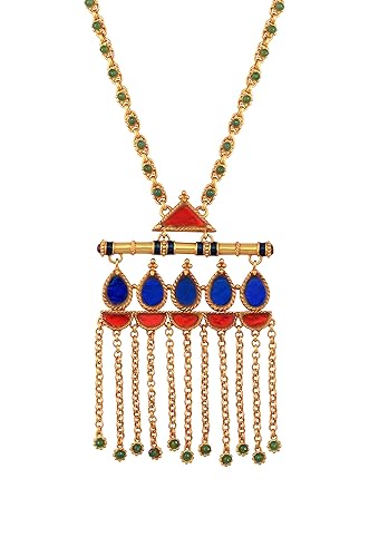 Amrapali Navrang Gold Plated Red Blue Glass Lotus Ball Drop Chain Tassel Pendant for Women (TBAN-004(G))