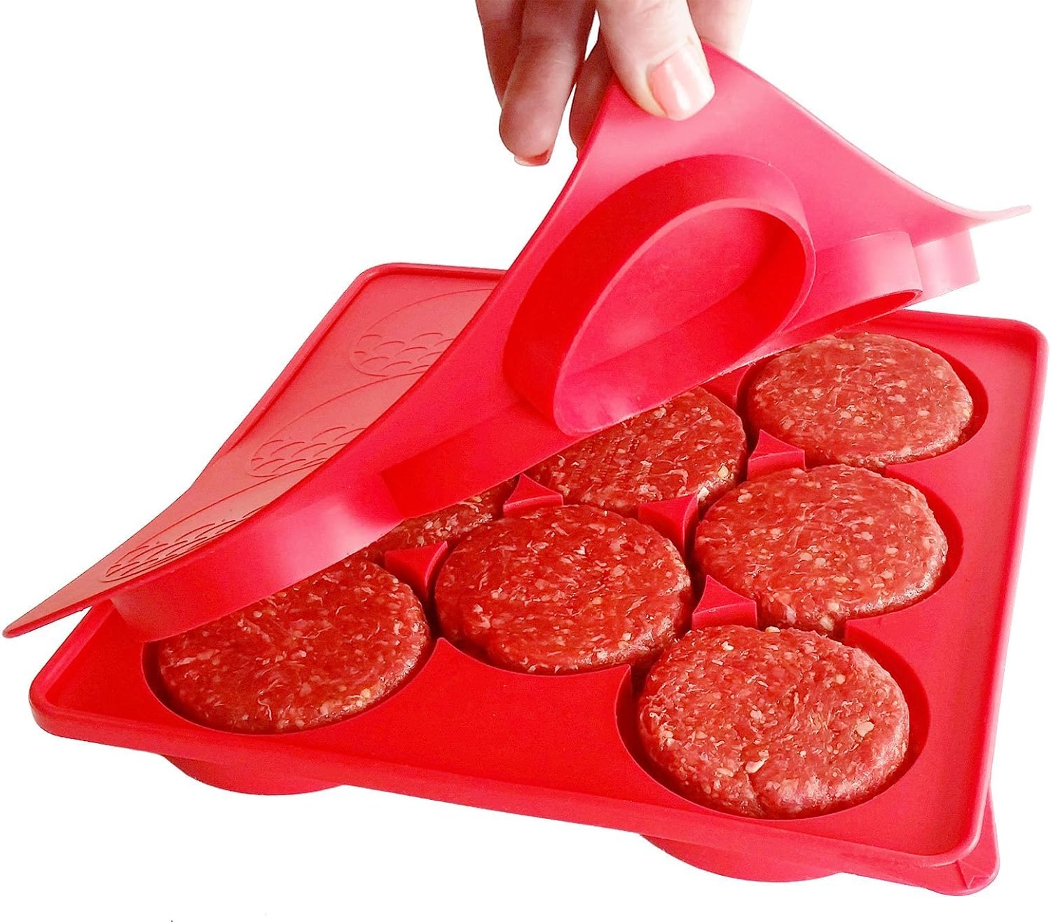 SiliCo Burger Press|8 In 1 Circular Compartments for Patties, Cookies, Hash Browns, Cutlets & More|Red