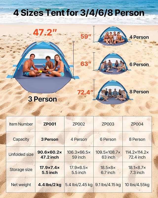 Tente de Plage pour 3 Personnes, Abri de Plage Anti UV UPF 50+, Tente Portable Pare-Soleil avec Sac de Transport et Piquets, pour Famille, Camping, Pêche et Pique-niques, Structure Légère, Bleu
