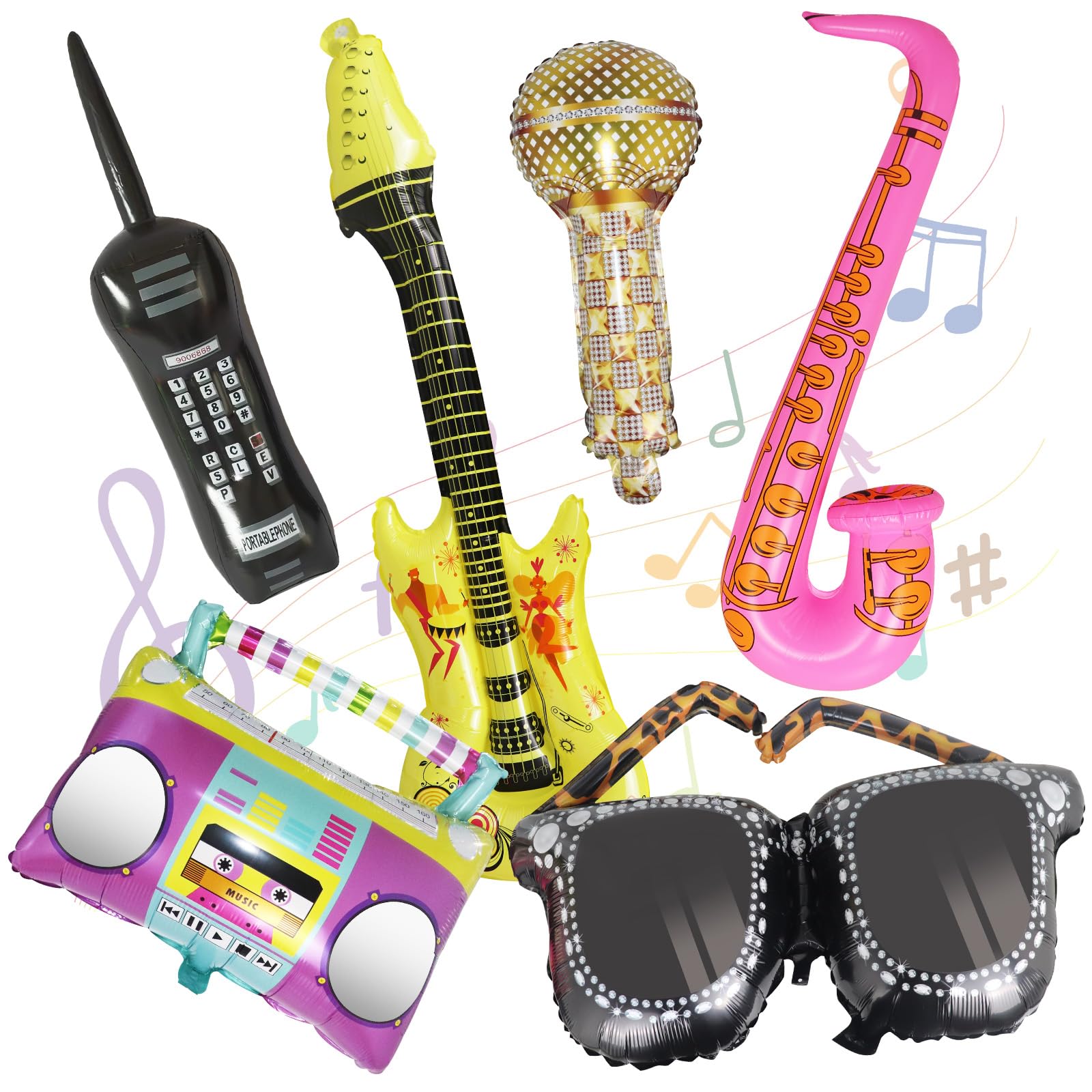6Pcs Photo Booth Props, Inflatable Party Props with Inflatabled Guitar Saxophone Sunglasses Microphone Radio Boombox, Inflatable Props Ballons for 70s 80s 90s Carnival Disco Themed Party Supplies