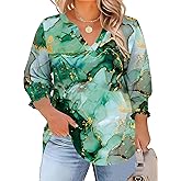 TFSDOD Womens Plus Size Tops 3/4 Sleeve Blouses Summer V Neck Shirts Smocked Cuffs Spring Outfits 1X-5X