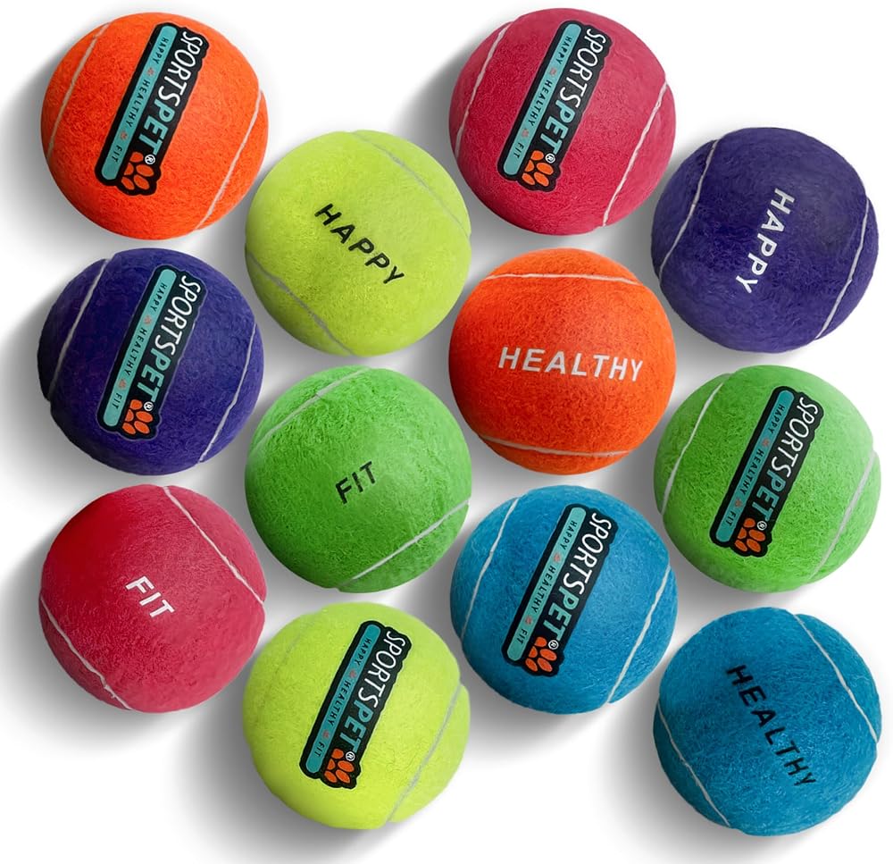 SPORTSPET Multicolour Tennis Balls for Dogs 64mm Pack of 12 Rubber