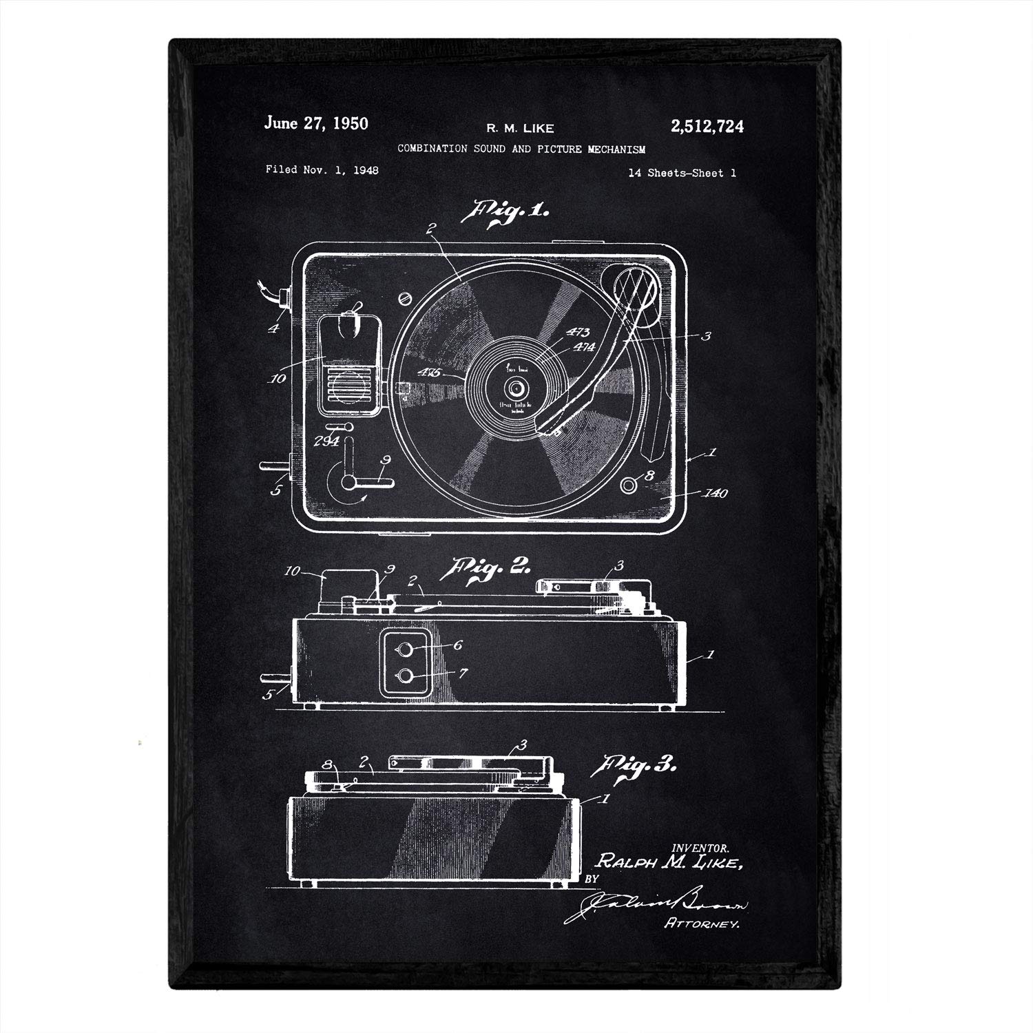 Nacnic Poster patent Sound and image 3. Foil with old design patent in A3 size with black background — image 1