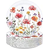 Greencian 50Pcs Poppy Floral Party Supplies 9" Heavy Duty Watercolor Wildflowers Paper Plates Disposable Red Poppy Flowers Platter for Seasonal Bridal Shower Birthday Wedding Picnic Party Decorations
