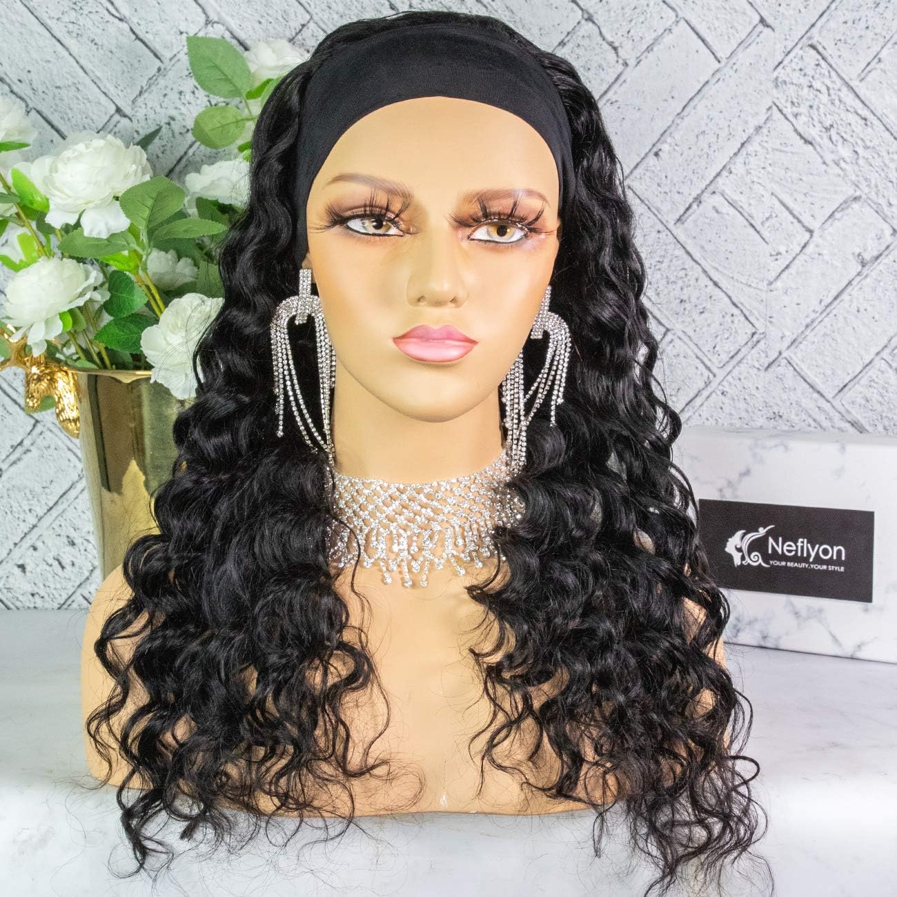 Neflyon Loose Wave Headband Wigs for Black Women None Lace Front Human Hair Wig Gluess Magic Tape Snapping Machine Made Wig 150% Density Nature Color 14 inch - Image 5